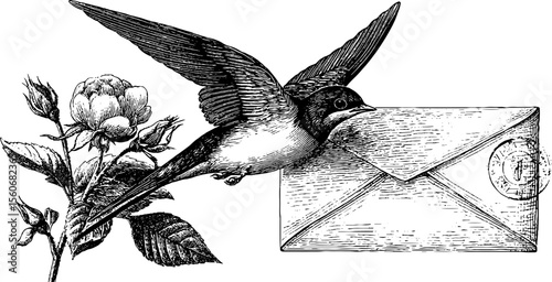 Vintage postcard and postage stamp design with swallow and rose illustration