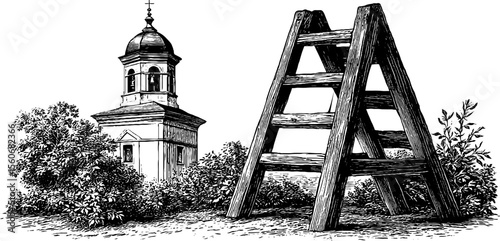 Vintage village scene with bell tower and wooden ladder - retro engraved illustration