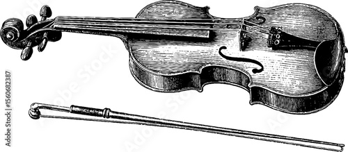 Vintage violin and tuning fork design for retro music decor