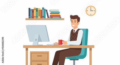 Smiling Man Working at Desk with Computer, Bookshelf, and Coffee Mug