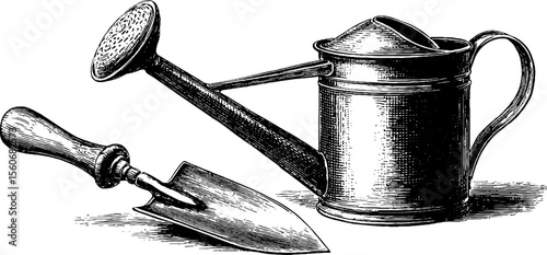 Vintage garden tools: detailed sketch of watering can and hand trowel for retro design and decor