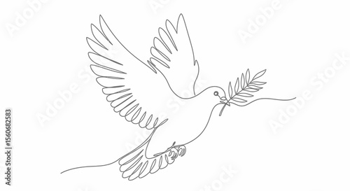 Minimalist Dove with Olive Branch Line Art Illustration on White Background
