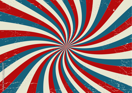 Vivid retro red and blue spiral pattern with distressed texture