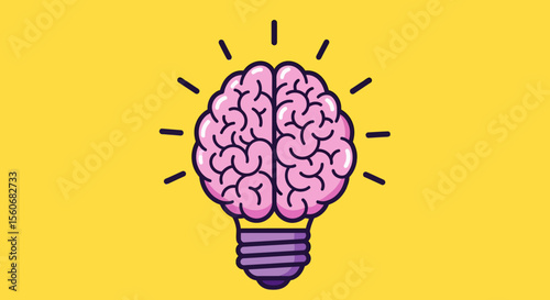 Pink Brain-Shaped Lightbulb Idea Illustration, Bright Yellow Background