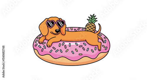 Relaxed Dachshund Dog in Pink Donut Pool Float with Pineapple