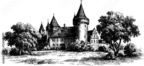 Enchanting wizard towers and crescent spires in vintage sketch for magical design