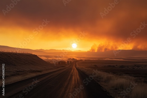 Sunrise over a smoky horizon, road stretches into distance
