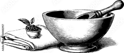 Vintage woven mat and wooden ladle with plant and bowl sketch for rustic design