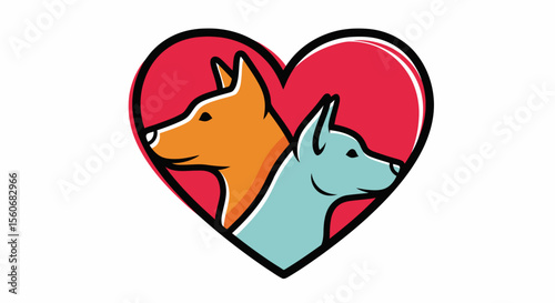 Stylized Dog Heads Inside Heart Shape, Orange and Blue, Vector Illustration