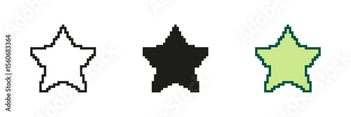Star Icon Set In Pixel Art. Pixelated Five-Pointed Star. Symbol of Excellence and Achievement. Pixelated Star Shape for Ratings or Rewards. Isolated Vector Illustration