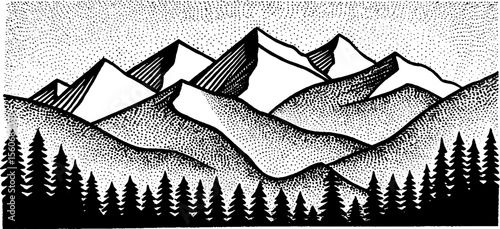 Hand drawn mountain landscape with stacked triangles and layered hills