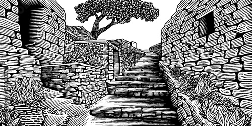 Vintage staircase between stone buildings with tree in black and white sketch