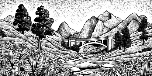 Majestic stone arch amidst dusty mountain landscape in black and white sketch