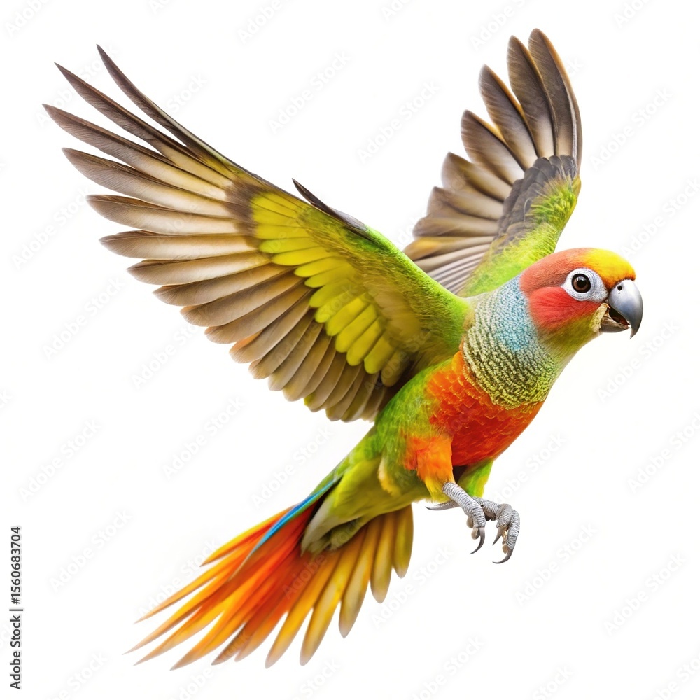 Fototapeta premium Colorful Parrot in Full Flight Against a Crisp White Background Displaying Plumage