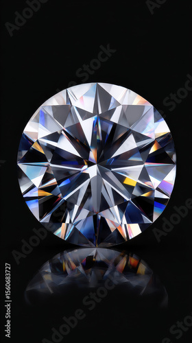 A dazzling round brilliant cut diamond exhibits intricate facets and mesmerizing light reflections, displayed elegantly against a sleek black background with mirro.