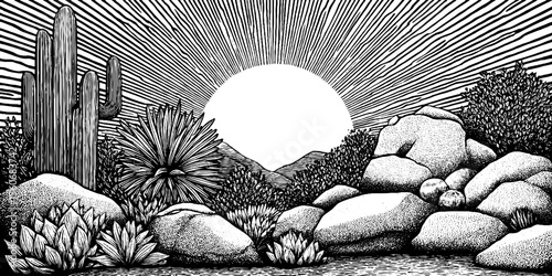 Sun bleached desert scene with boulders and scrub in black and white hand drawn style