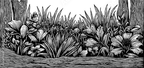 Vintage black and white engraving of sunken marble courtyard with weeds for retro design