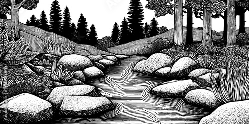 Tranquil riverbed landscape with rippling sand and sunken stones - nature illustration