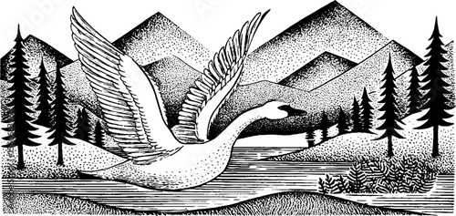 Majestic swan gliding in serene pond amidst scenic mountain landscape