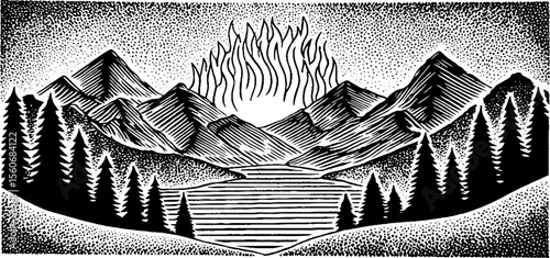 Dramatic mountain landscape with wildfire in black and white sketch