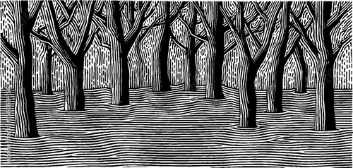 Surreal forest scene with trees half submerged in muddy floodwaters - black and white woodcut design for art prints