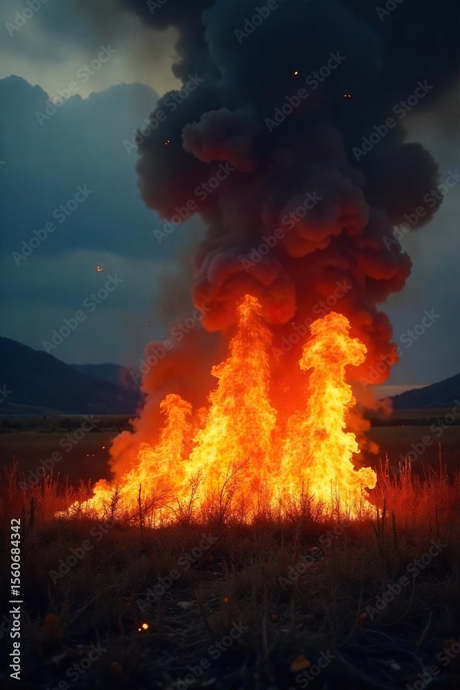 Obraz premium Dramatic Inferno Intense Orange and Yellow Flames Consume Dry Brush Against a Dark Sky, Perfect for Fire Safety, Environmental, or Fantasy Projects
