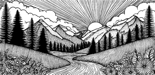 Winding creek through prairie landscape in black and white for nature art