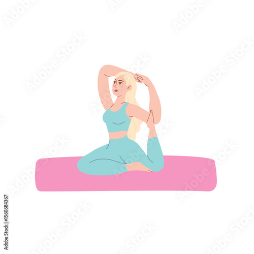 In yoga classes, a girl practices poses to develop flexibility and awareness. In the vector illustration, she is depicted in a sitting position, strengthening her health