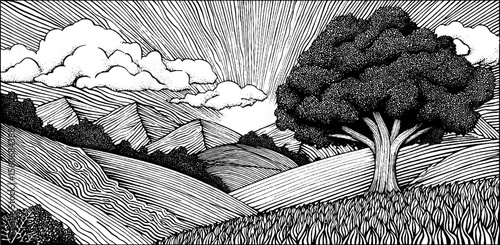 Black and white landscape with lone tree on windy hilltop - retro nature art