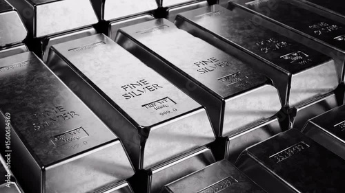 Shiny silver bullion bars stacked in rows. Ideal for finance, banking, wealth, investment, cryptocurrency, and precious metal themes. Clean cinematic shot for high-end content. Looped video