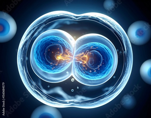 Cell Division: A mesmerizing view of a biological cell undergoing division, a delicate dance of life. Featuring captivating details, it represents the scientific wonders.