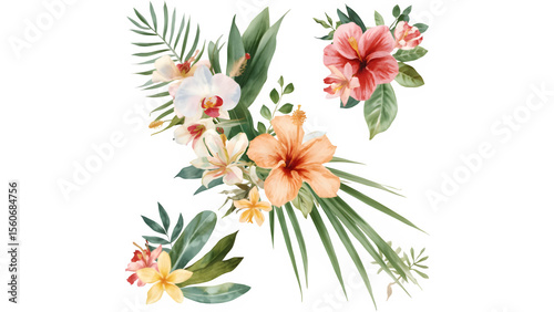 Watercolor Tropical Green Leaves and Pink Flowers – Transparent PNG Floral Clipart created with generative  Ai