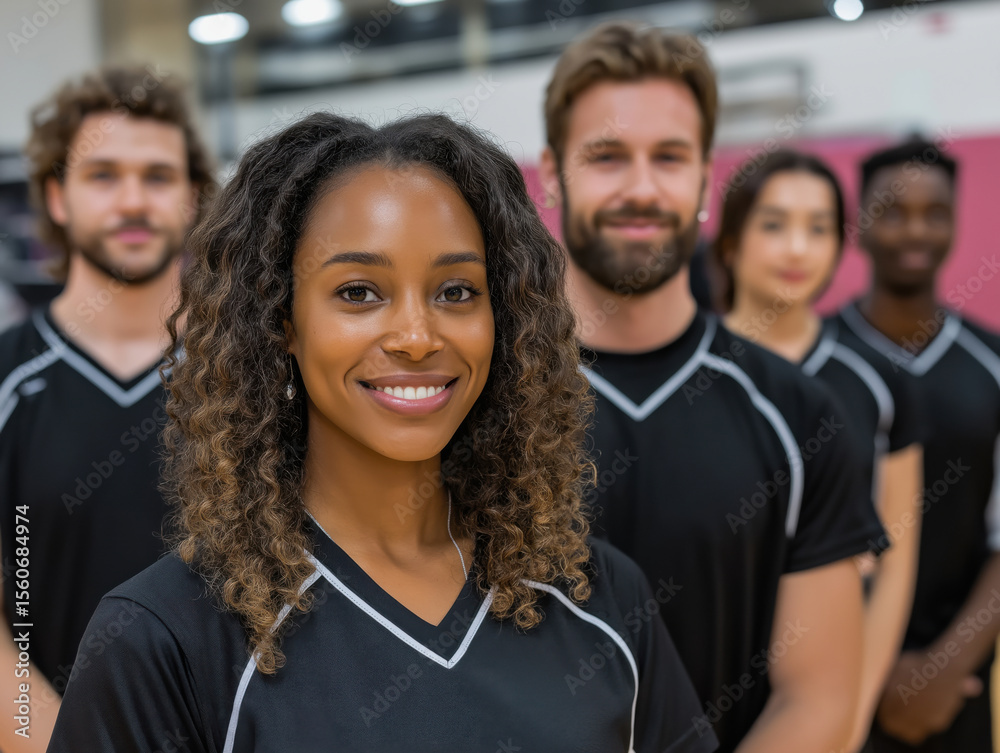 Fototapeta premium Group of diverse athletes standing together in a gym, showcasing teamwork and camaraderie, with a focus on a smiling woman in the foreground, representing unity in sports