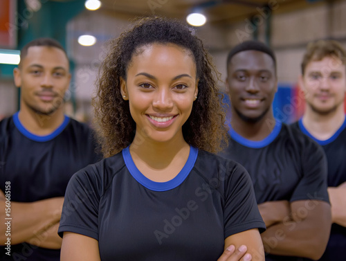 Group of diverse athletes, smiling confidently in matching black sportswear, showcasing teamwork and camaraderie in a vibrant indoor sports facility with a dynamic atmosphere