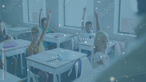 Teacher posing question in class while digital network overlay appearing and students raising hands