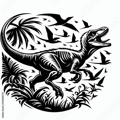 Velociraptor Chasing Prey Across the Prehistoric Terrain