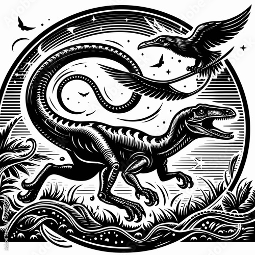 Velociraptor Chasing Prey Across the Prehistoric Terrain