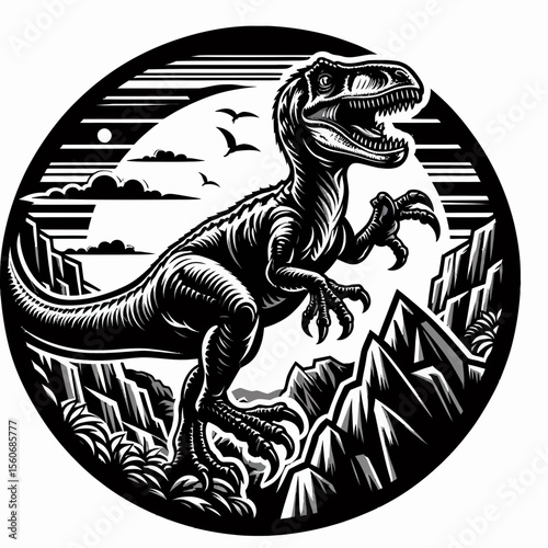 Velociraptor Climbing Over Jagged Rocks in the Prehistoric Wild