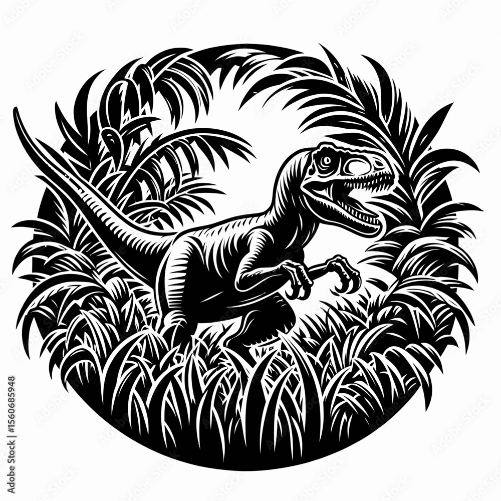 Fototapeta premium Velociraptor Sneaking Through Tall Grass in a Prehistoric Hunt