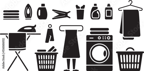 Black and White Laundry Icons Ironing Board Iron Washer Clothes Baskets Detergent Towels Clothespins