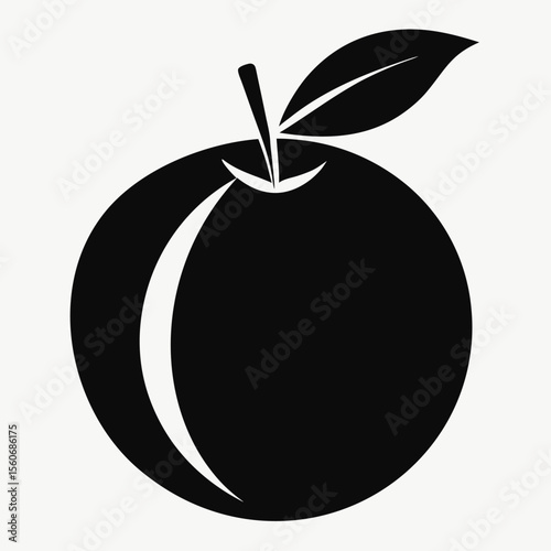 Simple black silhouette of a ripe peach with a stem and leaf on a light background