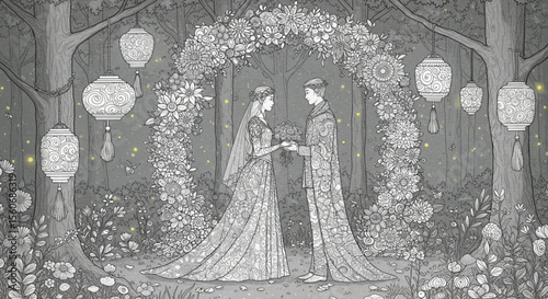 Enchanted Forest Wedding A Monochromatic Illustration of a Couple's Vows
