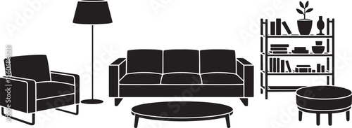 Black Lounge Chair Sofa Coffee Table Floor Lamp Bookshelf Ottoman Silhouette Interior Design vector