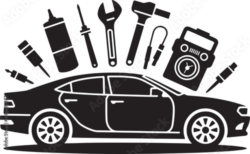 Black Silhouette Car Repair Tools Wrench Hammer Oil Can Lug Wrench Torque Wrench Jack Mechanic Automotive