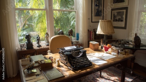 Office and typewriter in Ernest Hemingwayâs Home and Museum, Whitehead Street, Key West, Florida, United States, no logos, no brands