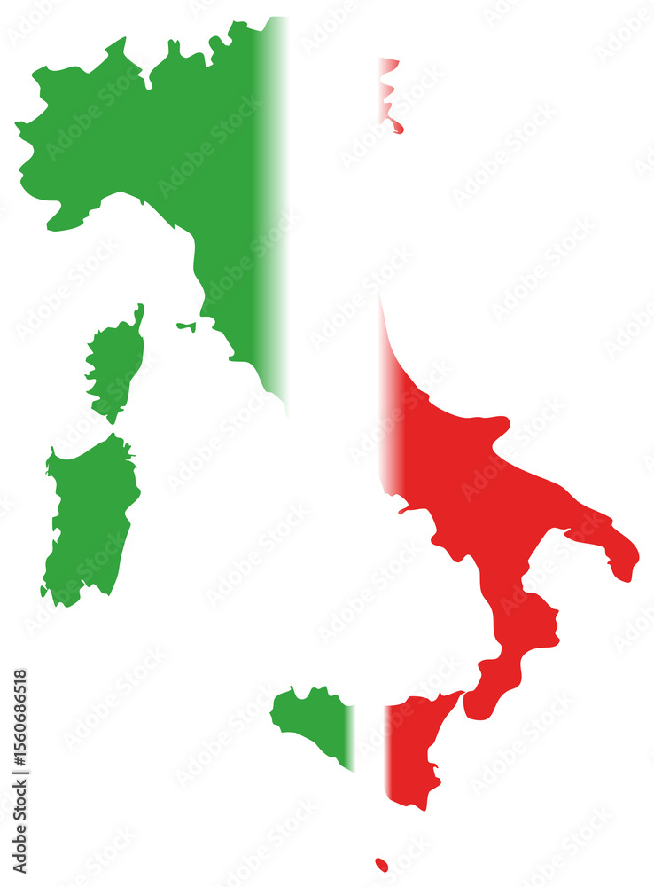 Naklejka premium This image displays the map of Italy filled with the Italian flag colors: green on the left, white in the middle, and red on the right.