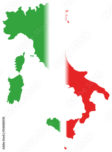This image displays the map of Italy filled with the Italian flag colors: green on the left, white in the middle, and red on the right.