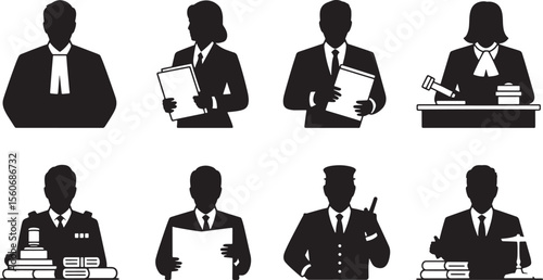 Black Silhouette Legal Professionals Set Judge Lawyer Attorney Clerk Court Justice Gavel Documents professions