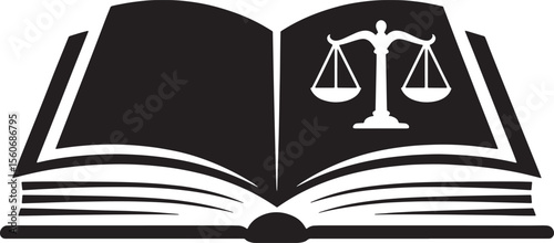 Black Silhouette Open Law Book Scales Justice Symbol Legal Theme Graphic Design vector