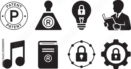 Black Silhouettes Intellectual Property Law Icons Set Copyright Patent Trademark Music Book Gear Lock
